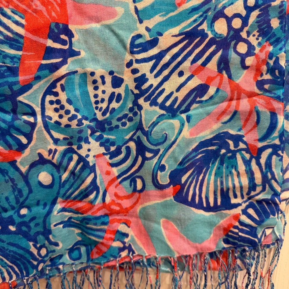 Lilly Pulitzer She Shell Murfee Scarf Silk Cashmere Tassel Blue Starfish Fringe - Picture 5 of 8